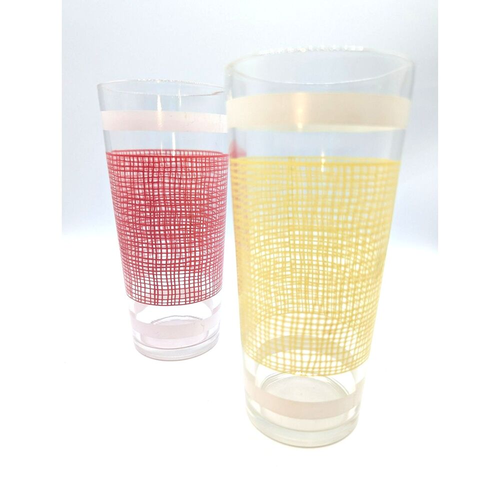 (2) Libbey Glasses Pink and Yellow Plaid Design White Rim 6.25"
